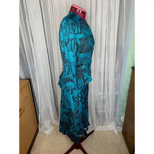 suit swing skirt ruffle back vintage teal black fish print Blue