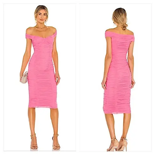 Majorelle Tabitha Ruched Mesh Midi Dress in Bubblegum Pink - Size Medium