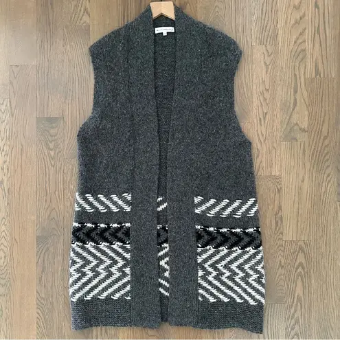 White + Warren Alpaca Jacquard Vest Charcoal Multi Longline Open Front Grey S Gray
