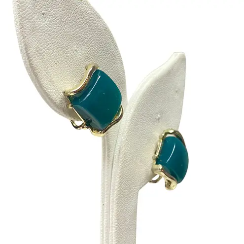 Vintage Coro Retro Blue Green Teal Square Clip On Earrings Gold Tone Old Money