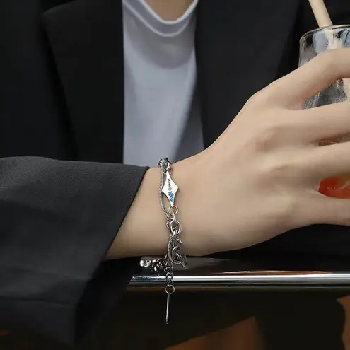 Double Layer Titanium Steel Link Chain Bracelet for Men Women,Punk Hip Hop Silver