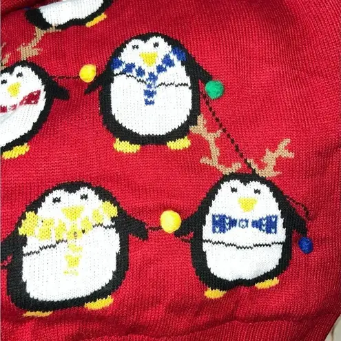 Lisa International Red Penguin Christmas Sweater Sequins and 3D Pom Poms Sz L Red Size L
