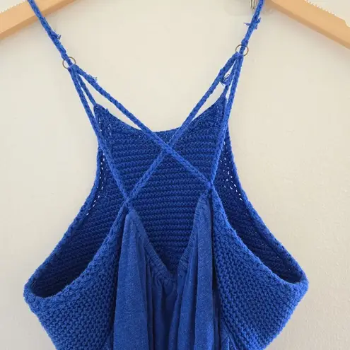 Free People  size Med Blue Boho Knit Crochet Babydoll Top Cutout Back Sleeveless