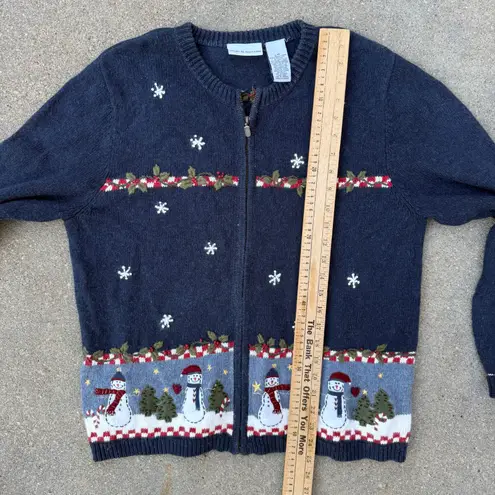 VTG 90s Croft & Barrow Blue Christmas Snowmen Farm Rustic Cabincore Cardigan LG