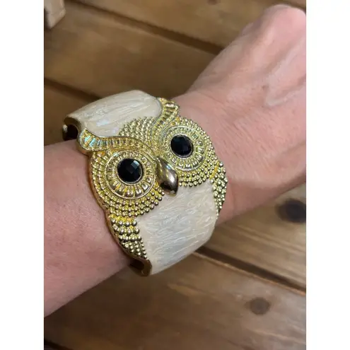 Gold & Ivory Owl Bangle Bracelet With Textured Detail