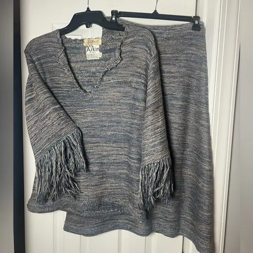 Vintage 60s Wool Space Dye Fringe Sleeve Sweater Midi Skirt Set Size M Hippie Blue Size M