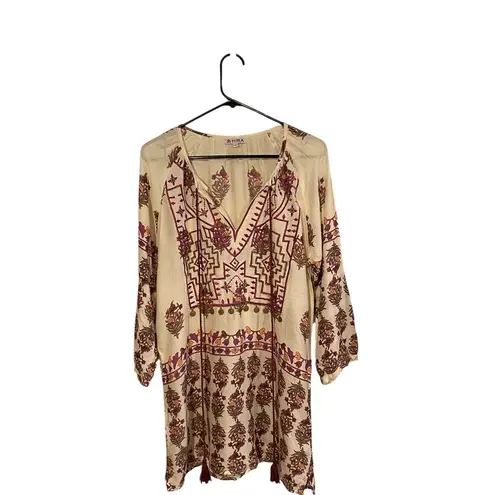Mira Boho Cream purple and Burgundy brass embellishments Tunic Top Resortwear Red Size L