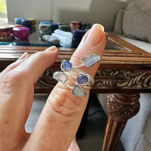 Natural Tanzanite Crystal & Moonstone Rough Sterling Silver Ring Purple