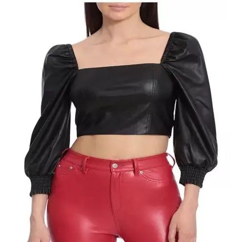Avec Les Filles Black Faux Leather Puff Sleeve Top corset crop summer $98 boho