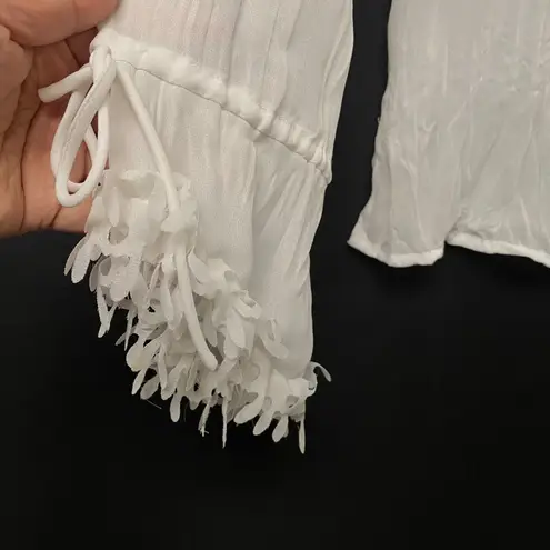 Le Caviar Women's White Romantic Sheer Lace Trim Tie Neck Ruffled Blouse Top L Size L