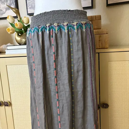 Johnny Was Grey Embroidered Linen Smock Maxi Skirt Slit Bohemian