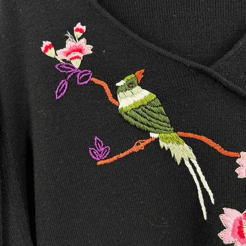 Carole Little Sweater Black Embroidered Bird Floral Wrap Look Sweater Womens 2X
