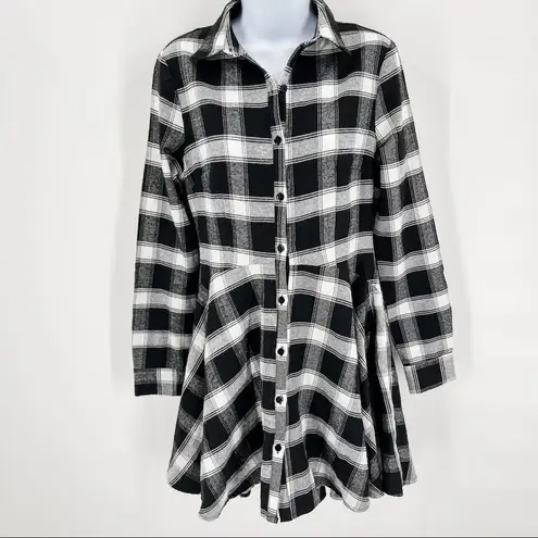 Missguided Plaid Check Black White Long Sleeve Button Down Skater Shirt Dress