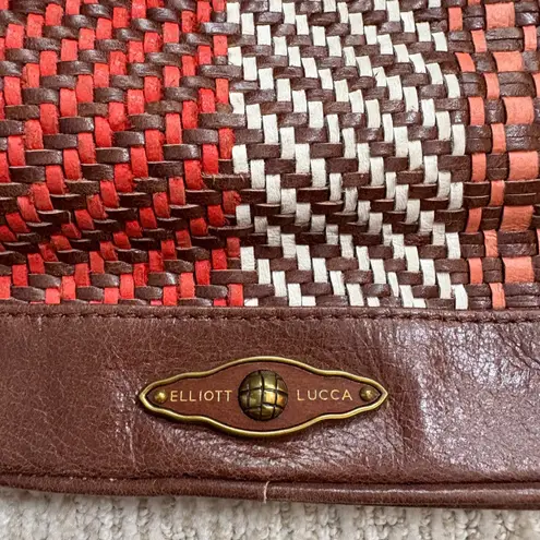 Elliott Lucca Woven Leather Tassel Crossbody Bucket Bag Brown Red White Boho