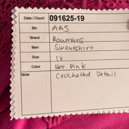 Roamans Womens Sweatshirt Size 1X Lace Detail French Terry Athleisure Oversized Pink