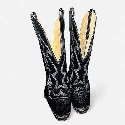 Vintage Nocona Cowboy Boots Black Leather Flame Stitch (Made in USA) Size 8.5