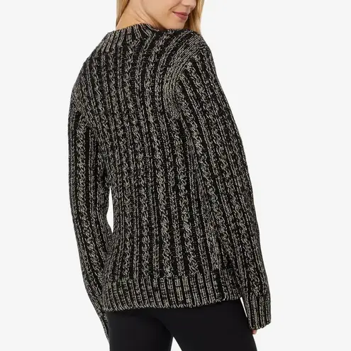Blanc Noir® Lurex Cable Knit Sweater Size Large Black Silver Crew Neck NEW
