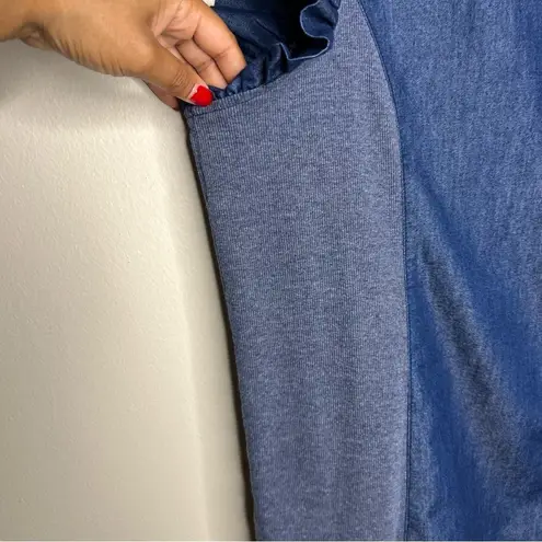 Ny Collection Woman Dark Wash Cotton Chambray Flutter Sleeve Button Front Top