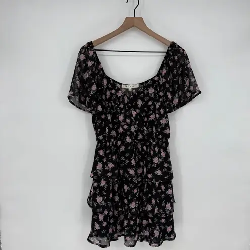 ROW A Black Pink Floral Ruffle Tiered Mini Dress Short Sleeve Square Neck M Size M