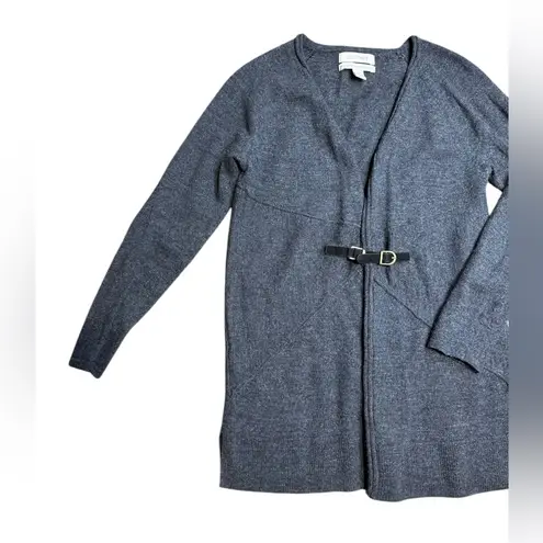 Ellen Tracy Tunic Sweater 100% Merino Wool Cardigan Women Gray Long Sleeve Belt