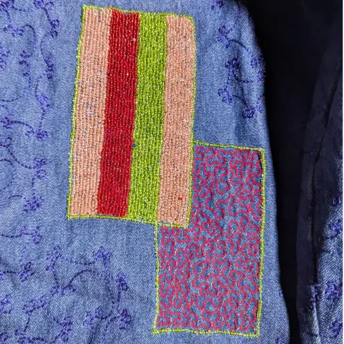 Vtg 1990s Pushpa Blue Cotton Denim Paisley Embroidered Beaded Button Up Jacket L Size L