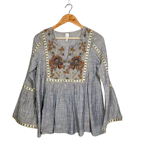 Raga Boho Embroidered Bell Sleeve Striped Floral Baby Doll Top Blue Multi Small
