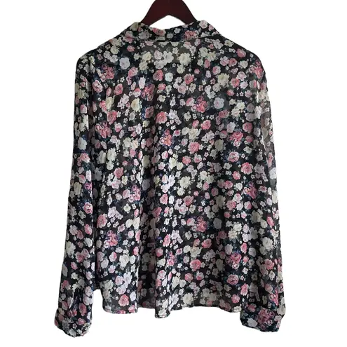 About A Girl Top Women 4 Navy Floral Long Sleeve Button Up Girly Cottage Boho