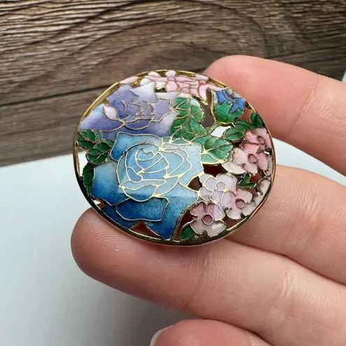 Vintage Rose Flower Cloisonné Enamel Brooch Pin Gold Tone Blue Green Pink Purple