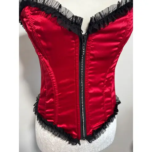Vintage Red Black Satin Corset Bustier Top Rhinestone Zipper Ruffle Coquette.com Size M