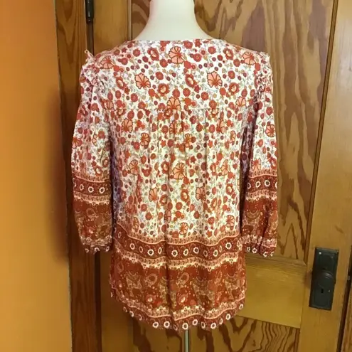 Bright Orange Floral Hippie Chic Peasant Top White