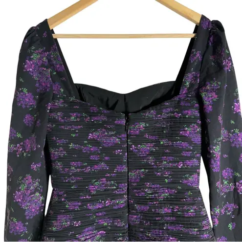 Amur Giulia Black Purple Pleated Floral Print Long Sleeve Mini Dress Size 4
