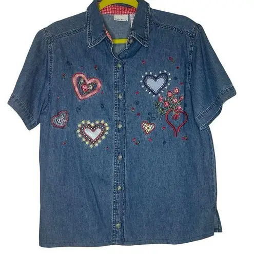 Bobbie Brooks Woman's Med (8/10) Embroidered Floral & Hearts Denim Button Up VTG Blue