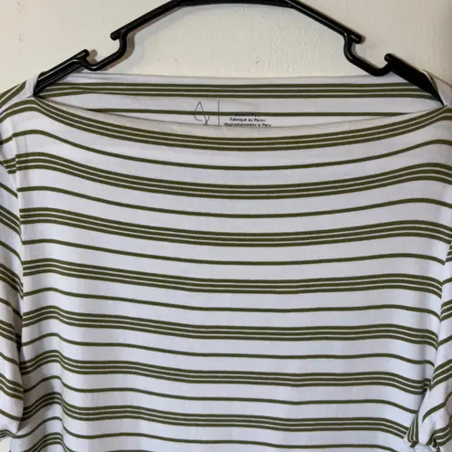Joie Striped Boat Neck Tee Top White Olive Green XL/TG Short Sleeve
