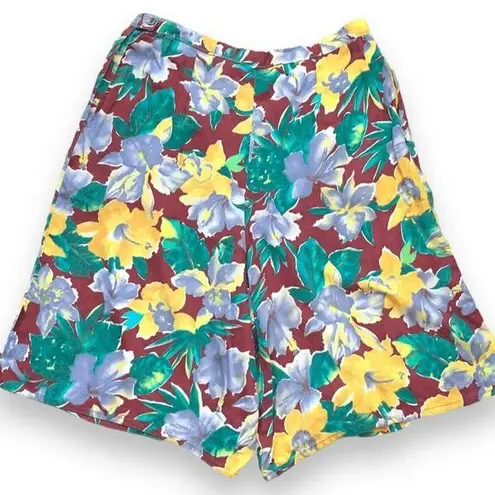 Vintage Handmade Floral Shorts Maroon Yellow Tropical Hibiscus Print High Waist Red Size 1X