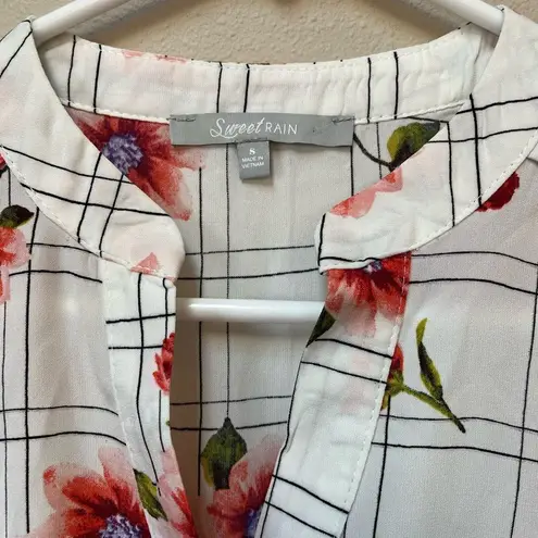 Sweet Rain Women’s White Pink Floral Checker Print Short Sleeve Mini Dress Small