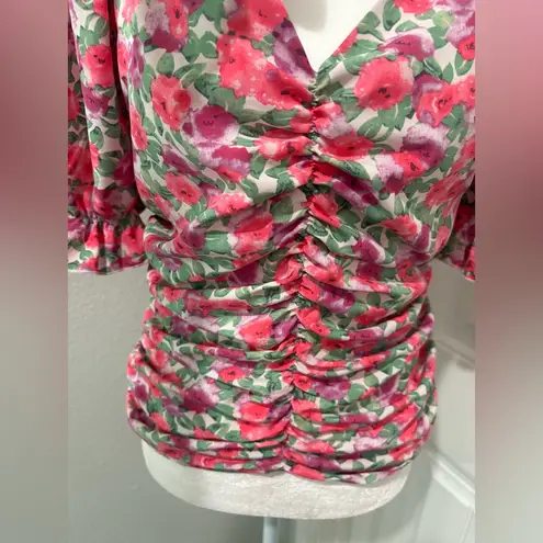 Peach Floral Ruched Women's Top Size L Pink Size L