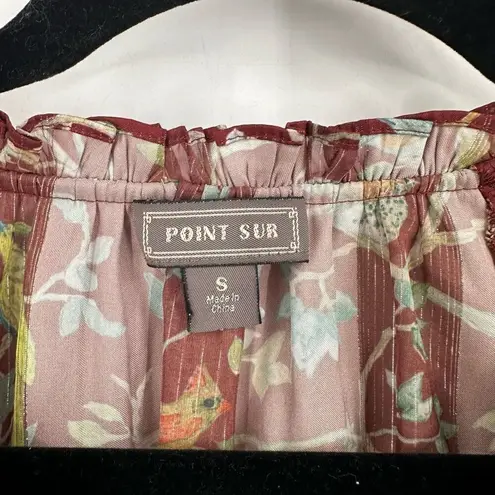 J. Crew Point Sur Ruffle Neck Popover Top Blouse Menagerie Bird Print Small Brown