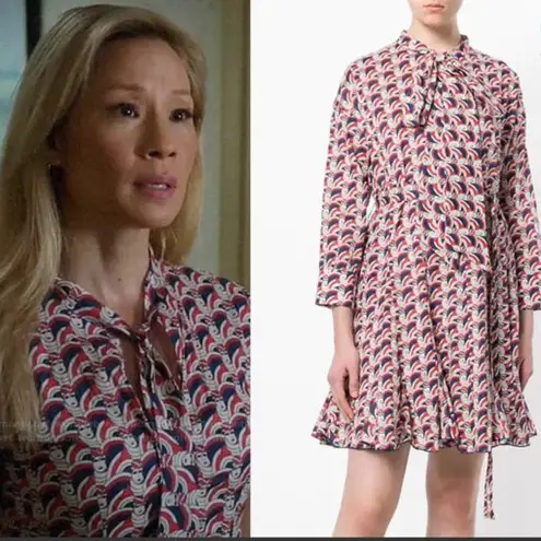 La DoubleJ Mantero Print Shirt Dress Rare Tie Neck Tie Waist Size Medium Blue