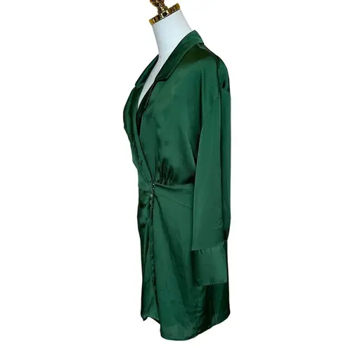 Ba&sh Green Mini Shirt Dress XS Wrap Designer Cocktail Satin Ruched Holiday $340