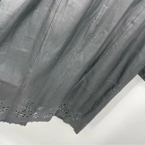 Newport News Black Leather Coat Longline Laser Cut Size Large