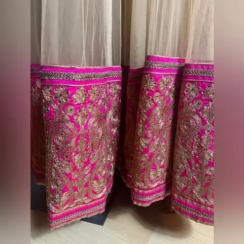 Meena Bazaar Embroidered Gown Anarkali Dress Gold & Hot Pink