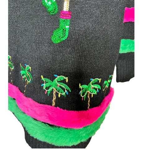 Ugly Christmas sweater pretty flamingo palm trees 99 Jane street tropics small Black