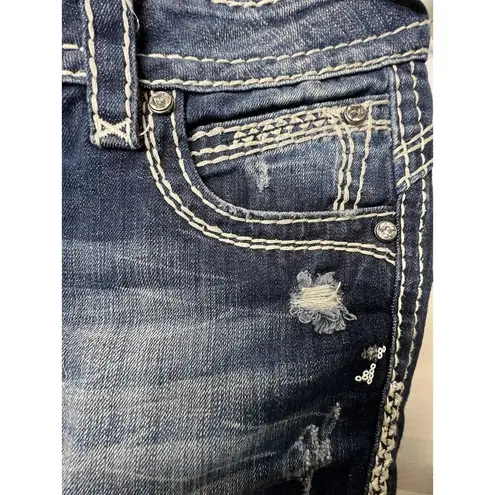 Rock Revival  Becky Easy Capri Jeans Womens Size 30 Distressed Stitch Bling 34X28