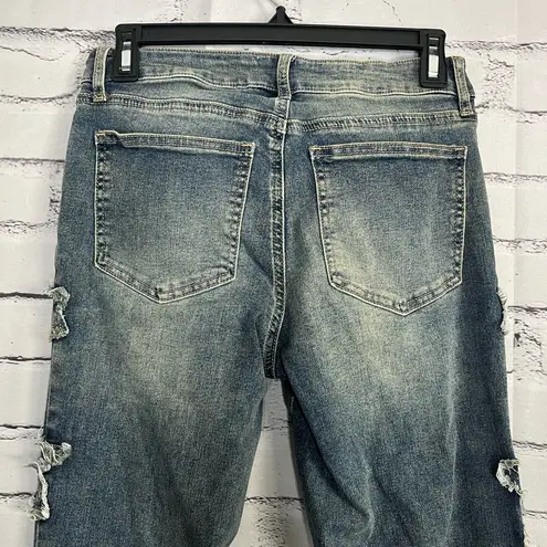 Ashley Mason Y2K Blue Flare Wide Leg Jeans SZ 3/26 Star Pattern Distressed Dark