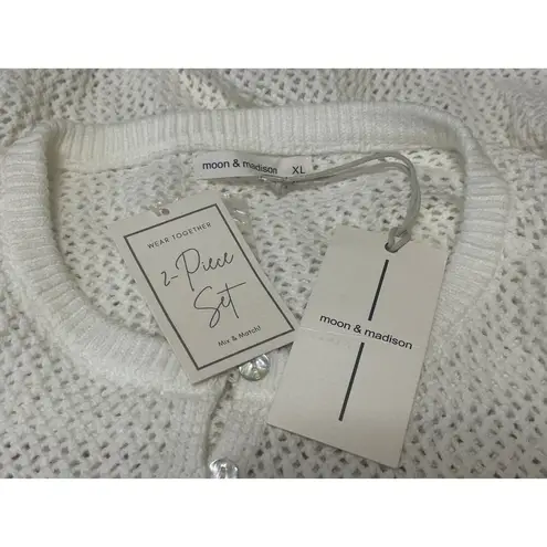 NEW Moon & Madison White Short Sleeve Henley Open Knit Sweater Crop Top Size XL