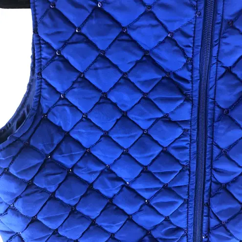 kim rogers Womens Quilted Puffer Vest Rhinestones Pockets Full Zip Blue M