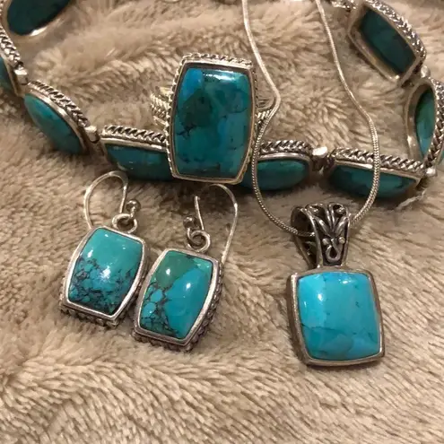 Sterling Silver Barse Turquoise Necklace Earrings Bracelet Ring Rope Accent Set