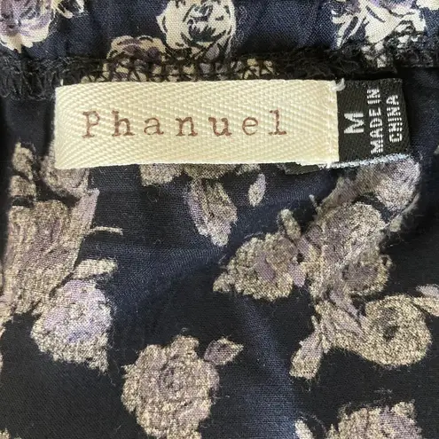 Floral bell sleeve tunic top women's medium blue open back ruffle hem by Phanuel