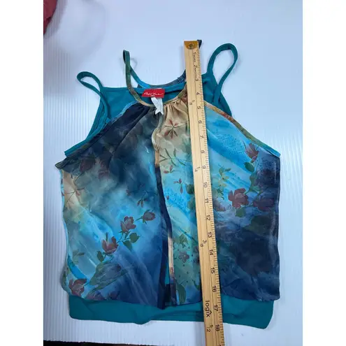 New Tower Floral Tank Top Sleeveless Teal Blue Overlay USA Made Small