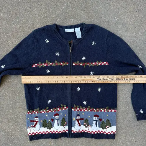 VTG 90s Croft & Barrow Blue Christmas Snowmen Farm Rustic Cabincore Cardigan LG
